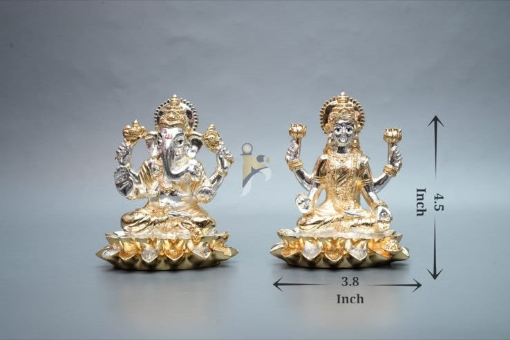 Lord Ganesha Dhanlakshmi Murti - 4.5Inch - Gold & Silver