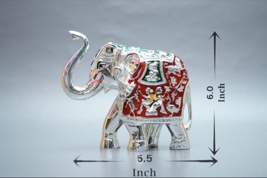 Gaj Lakshmi Hathi - 6 Inch - Silver & Red-Green