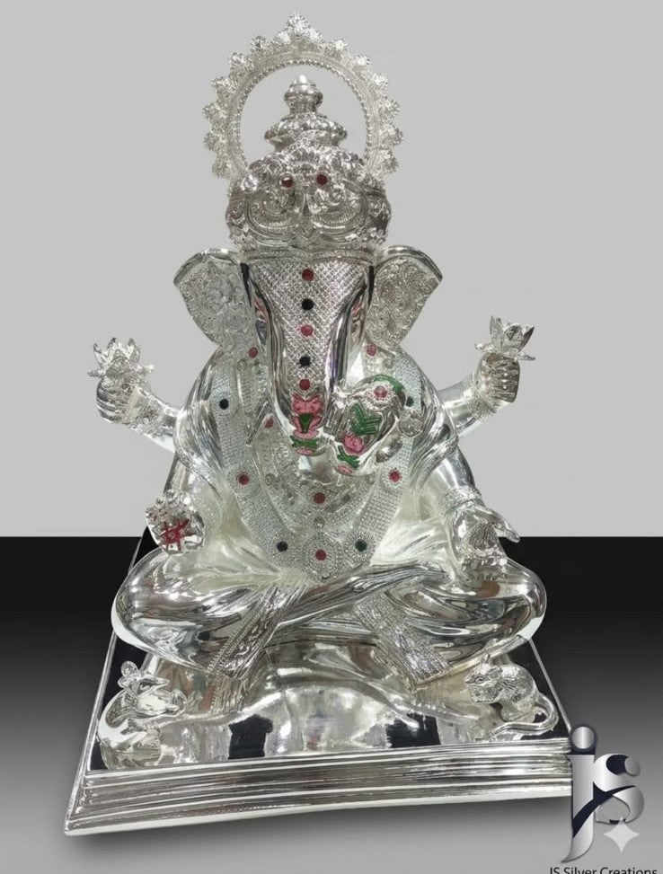 Ganpati Dagdusheth Murti - 14Inch (Silver Glass Texture)