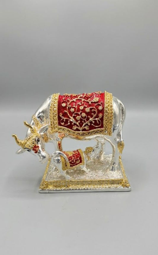 Kamdhenu Cow - 10 Inch - Silver & Red