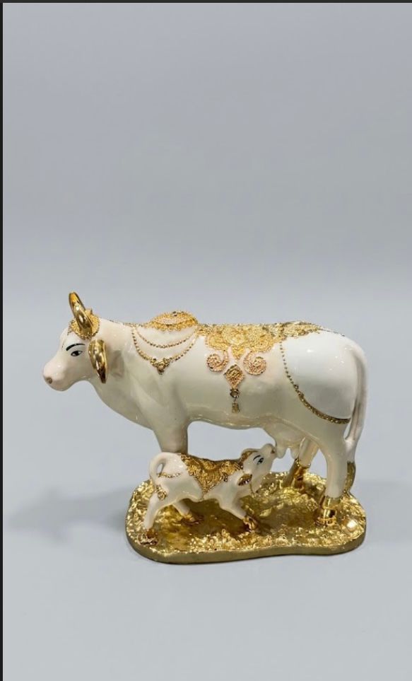 Kamdhenu Cow - 10 Inch - White & Gold